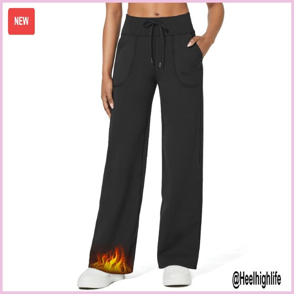 Fleece Lined Wide Leg Pants Women's Winter Work Office Casual Drawstring